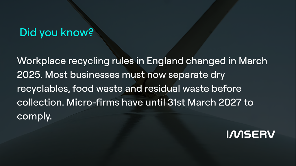 Workplace recycling rules in england changed in march 2025. Most businesses must now separate dry recyclables, food waste and residual waste before collection. Micro-firms have until 31st march 2027 to comply.